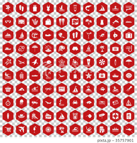 100 beach icons hexagon red 35757901