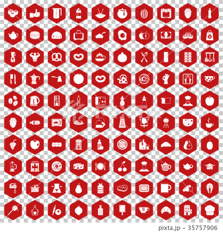 100 breakfast icons hexagon red 35757906