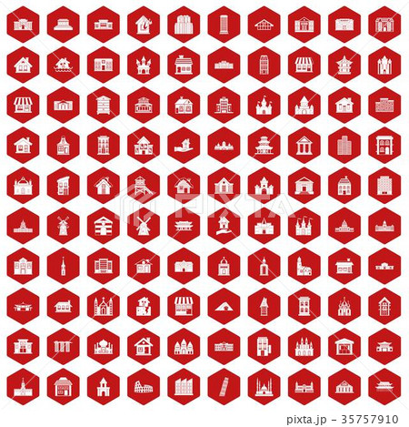 100 building icons hexagon red 35757910