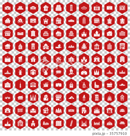 100 building icons hexagon red 35757910