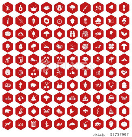 100 camping and nature icons hexagon red 35757997
