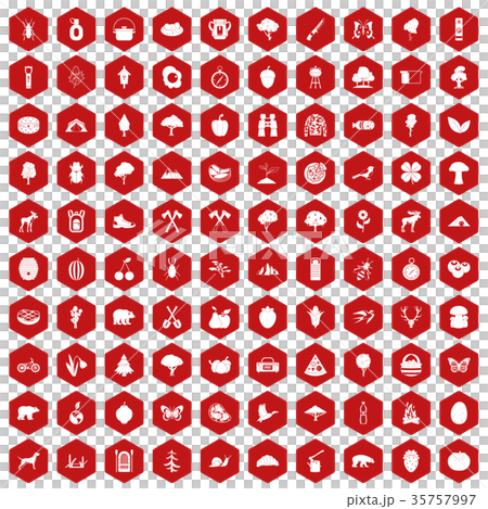 100 camping and nature icons hexagon red 35757997