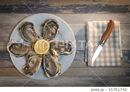 Fresh oysters white plate  and lemon on wooden desk 35761740