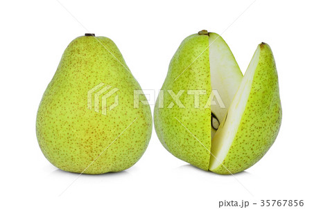 whole of green packham pear with slices isolated whole of green packham pear with slices isolated 35767856
