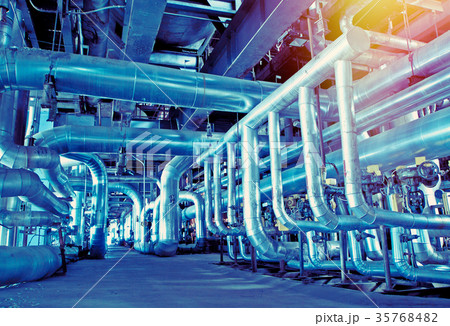 Steel pipelines and cables in blue tones 35768482