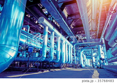 Steel pipelines and cables in blue tones 35768483