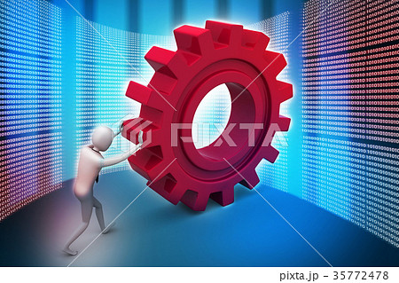 3d man pushing the gear 35772478