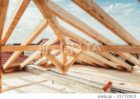 installation of wooden beams at house construction installation of wooden beams at house construction 35772813