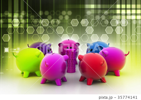 group of piggybanks around with gold coins 35774141