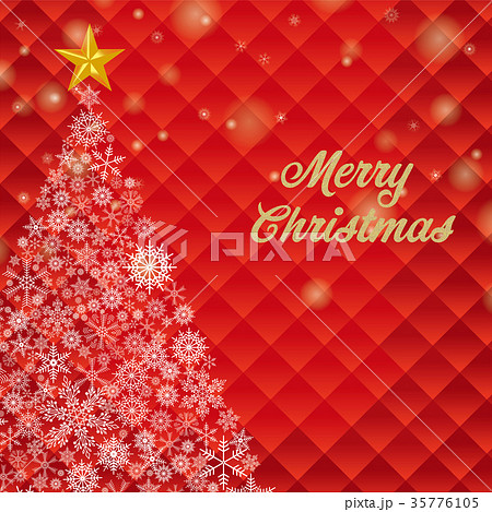 クリスマス向け背景画像 赤 雪の結晶のクリスマスツリーイラスト Merry Xmas ロゴのイラスト素材
