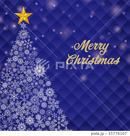 クリスマス向け背景画像 濃紺 雪の結晶のクリスマスツリーイラスト Merry Xmas ロゴのイラスト素材