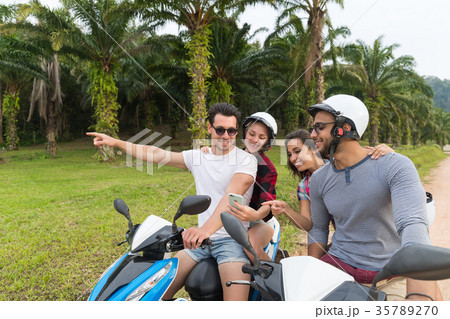 Two Couple Riding Motorbike, Young Man And Woman Two Couple Riding Motorbike, Young Man And Woman 35789270