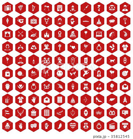 100 heart icons hexagon red 35812545