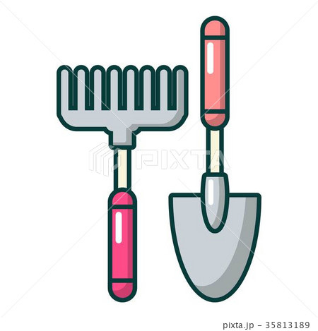 Scoop and hand rake icon, cartoon style Scoop and hand rake icon, cartoon style 35813189