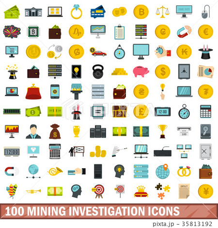 100 mining investigation icons set, flat style 35813192