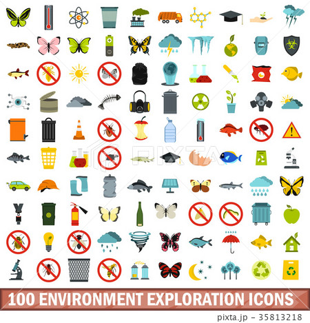 100 environment exploration icons set, flat style 100 environment exploration icons set, flat style 35813218