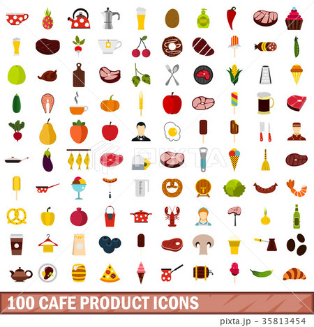 100 cafe product icons set, flat style 100 cafe product icons set, flat style 35813454