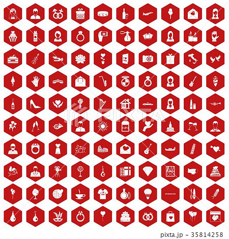 100 wedding icons hexagon red 35814258