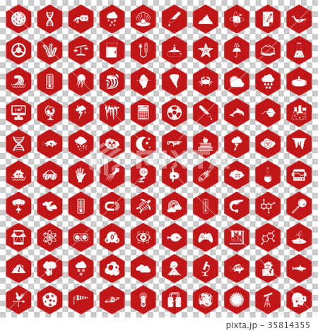 100 research icons hexagon red 35814355