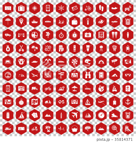 100 travel icons hexagon red 35814371