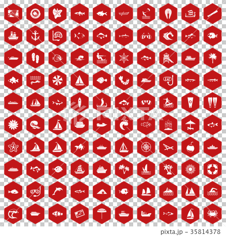 100 sea icons hexagon red 100 sea icons hexagon red 35814378