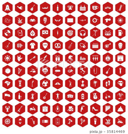 100 street festival icons hexagon red 35814469