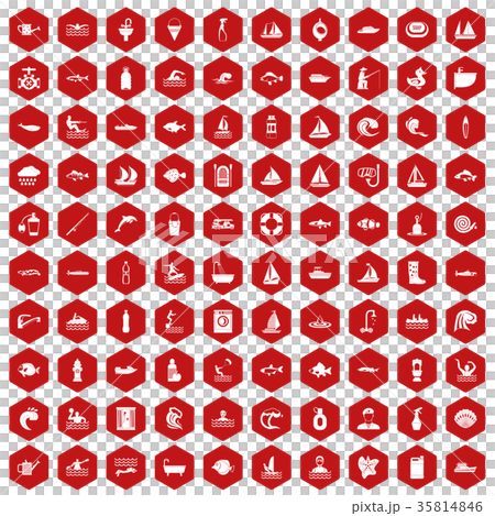 100 water icons hexagon red 35814846