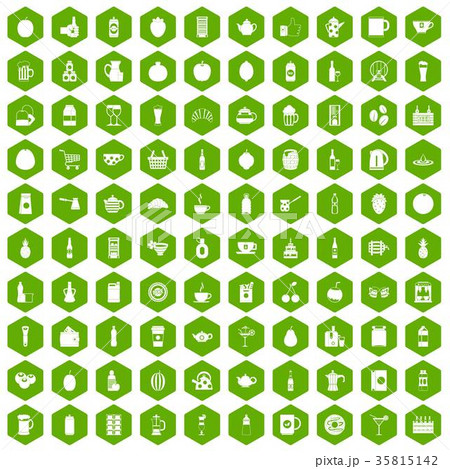 100 beverage icons hexagon green 35815142