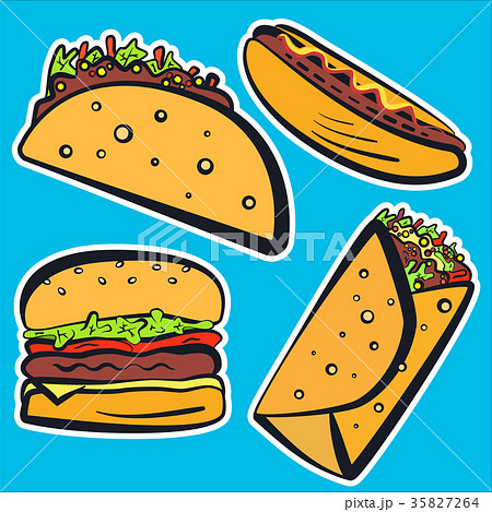 Color fast food with black outline stickers set 35827264