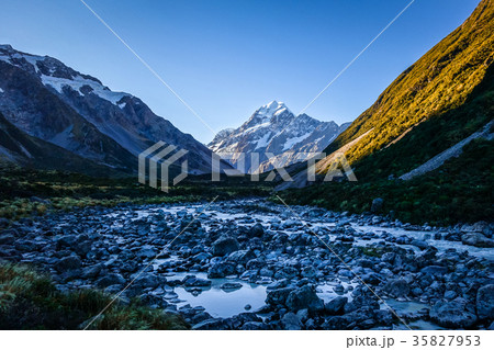 Glacial river at sunset, Mount Cook, New Zealand Glacial river at sunset, Mount Cook, New Zealand 35827953