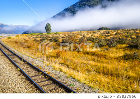 Railway in Mountain fields landscape, New Zealand 35827966