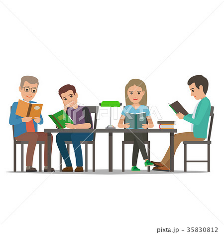 Cartoon People at Table Read Books. Library Room 35830812