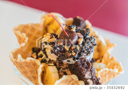Ice Cream Sundae in an edible waffle bowl Ice Cream Sundae in an edible waffle bowl 35832692