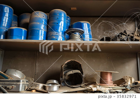 Close up shelves with equipment in joinery Close up shelves with equipment in joinery 35832971