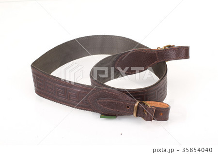 armored brown leather belt on white background 35854040