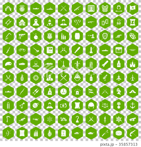 100 weapons icons hexagon green 35857313