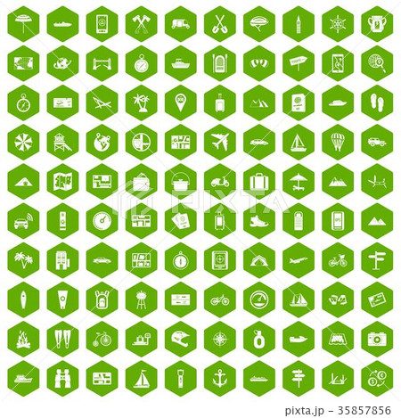 100 travel icons hexagon green 35857856