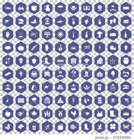 100 farm icons hexagon purple 35858066