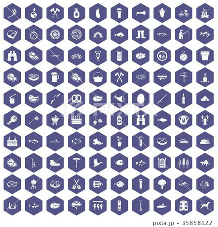 100 BBQ icons hexagon purple 100 BBQ icons hexagon purple 35858122