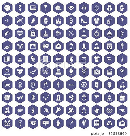 100 heart icons hexagon purple 35858649