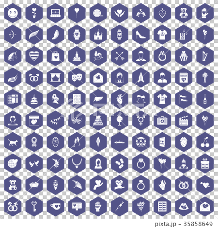 100 heart icons hexagon purple 35858649
