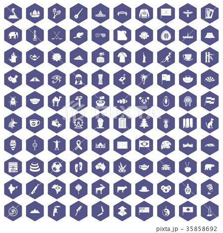 100 landmarks icons hexagon purple 35858692