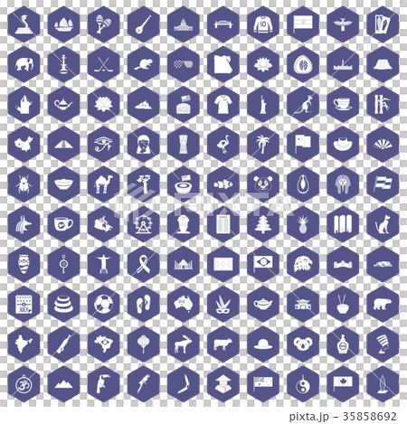 100 landmarks icons hexagon purple 35858692