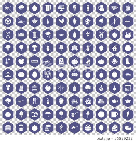 100 health food icons hexagon purple 35859232