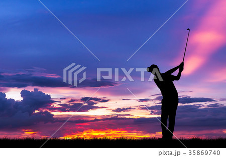 silhouette golfer playing golf at beautiful sunset silhouette golfer playing golf at beautiful sunset 35869740
