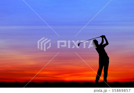 silhouette golfer playing golf at beautiful sunset 35869857