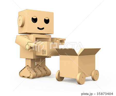 宅配車に荷物を運搬するダンボール箱のロボットのイメージのイラスト素材