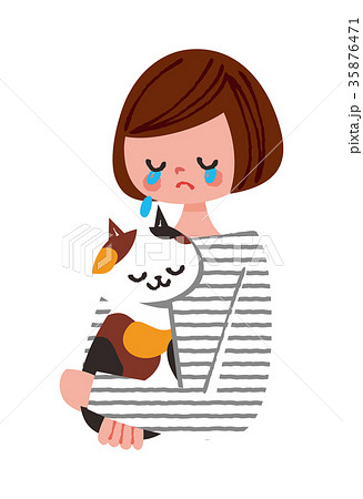 猫を抱きながら泣く女性のイラスト素材