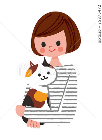 猫を抱っこする女性のイラスト素材