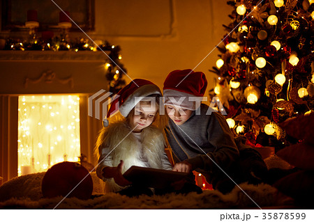 Excited children near Christmas tree 35878599